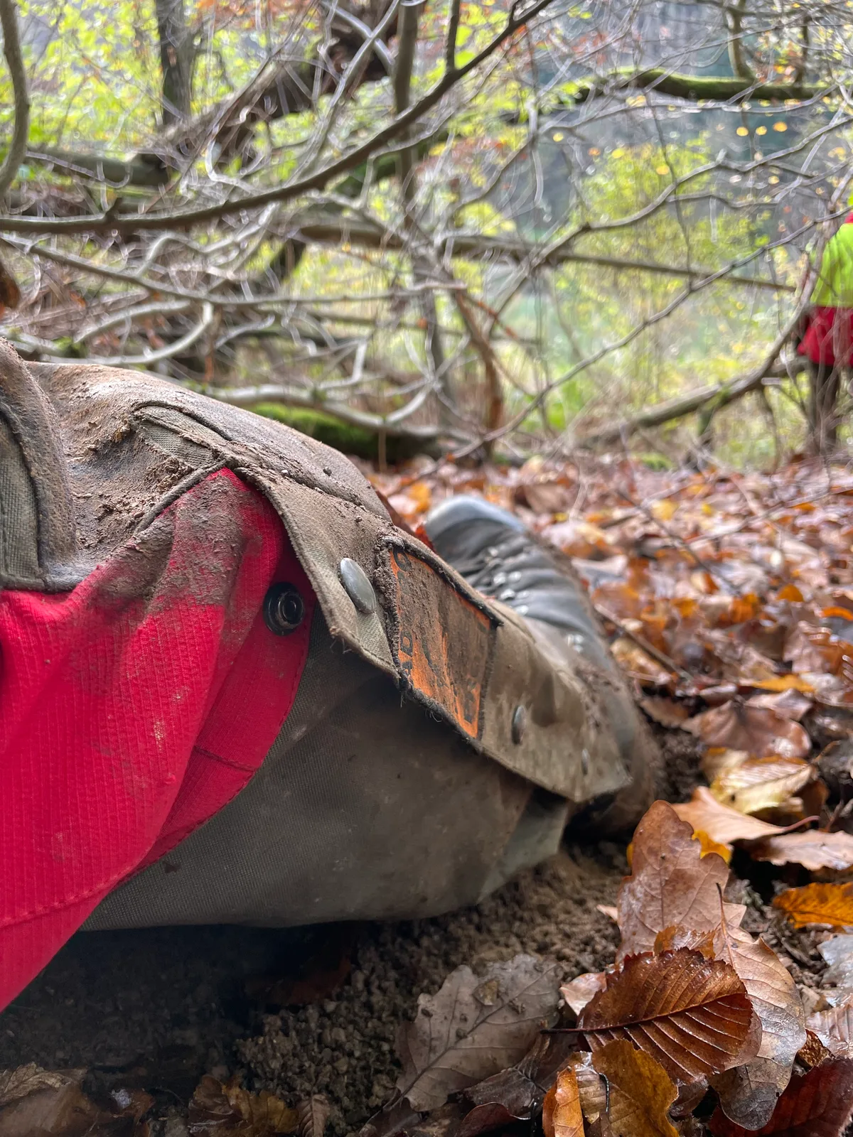 Sau Protect Profi in Rot am Waldboden, Nahaufnahme von Gamasche und Druckknopf zwischen Laub und Geäst
